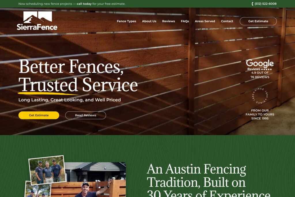 Sierra Fence WordPress website homepage showcasing residential and commercial fencing services in Texas
