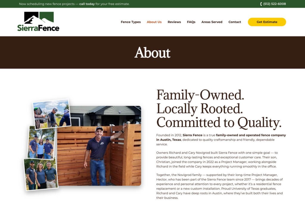 About Sierra Fence page featuring company history, team information, and fencing expertise