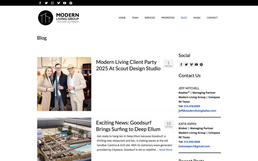 Blog and content layout on the Modern Living Group WordPress website