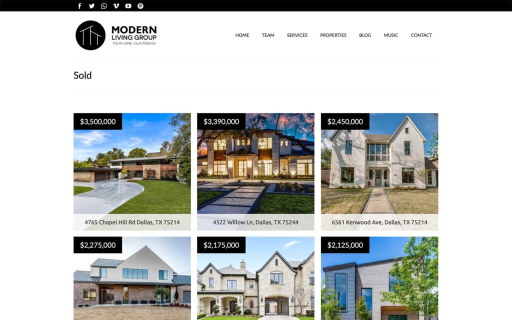 Property listings grid with current and sold homes on the Modern Living Group website