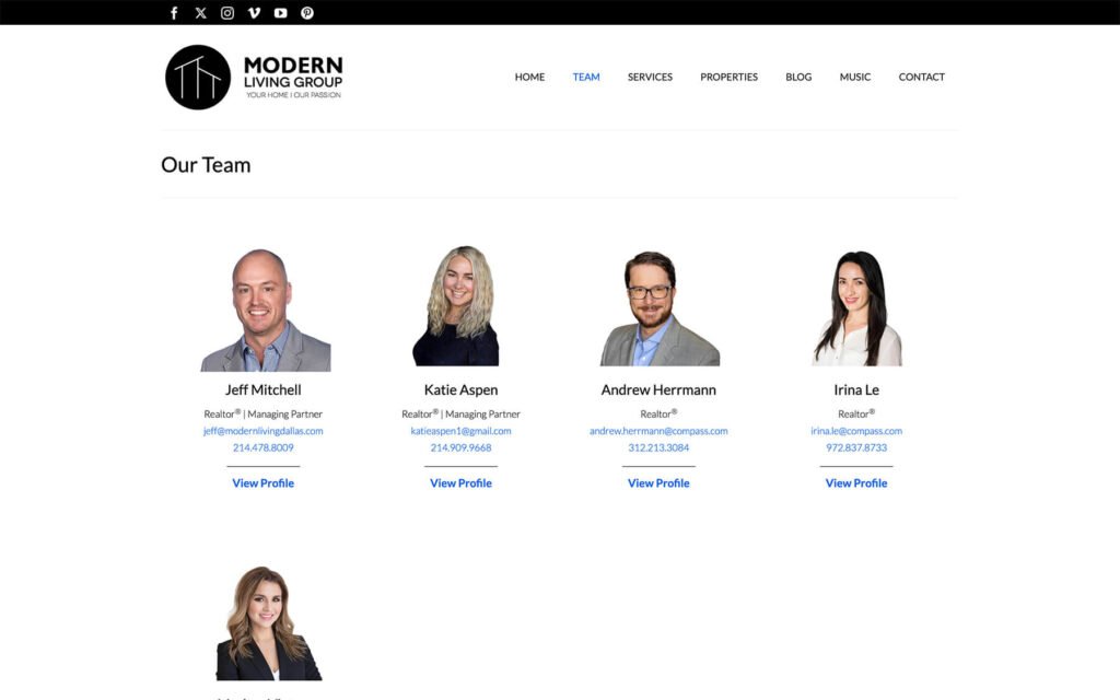 Team profiles section of the Modern Living Group WordPress website