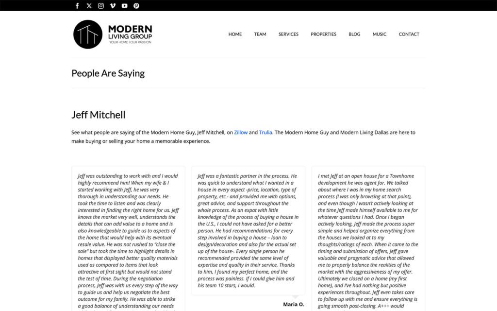 Testimonial layout on the Modern Living Group WordPress website