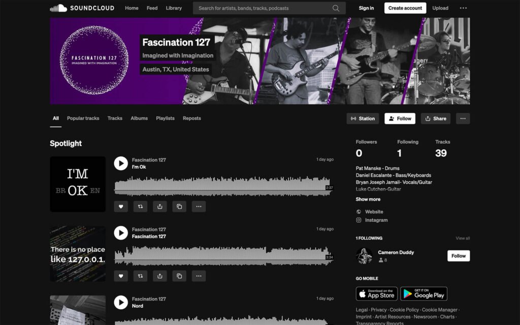 Fascination 127 SoundCloud profile with branded header and organized track list