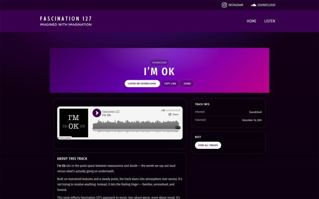 Fascination 127 track detail page with embedded player and track information