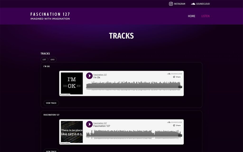 Fascination 127 tracks page displaying multiple releases with embedded players