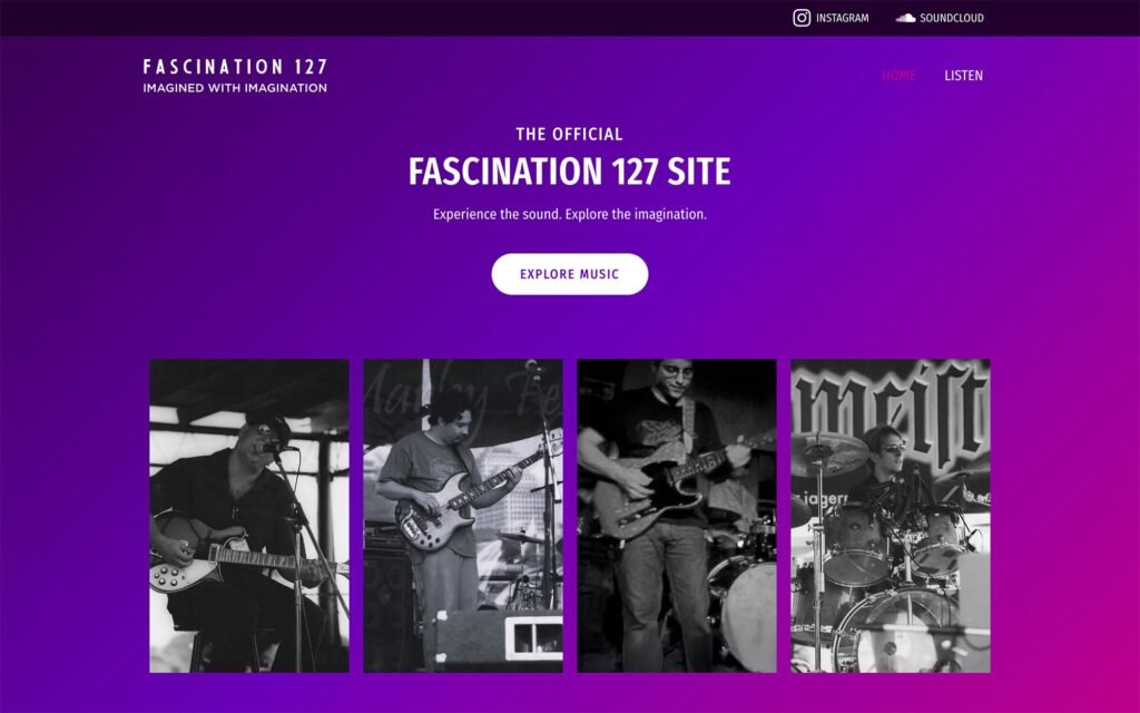 Fascination 127 homepage showing music-focused hero section and featured tracks