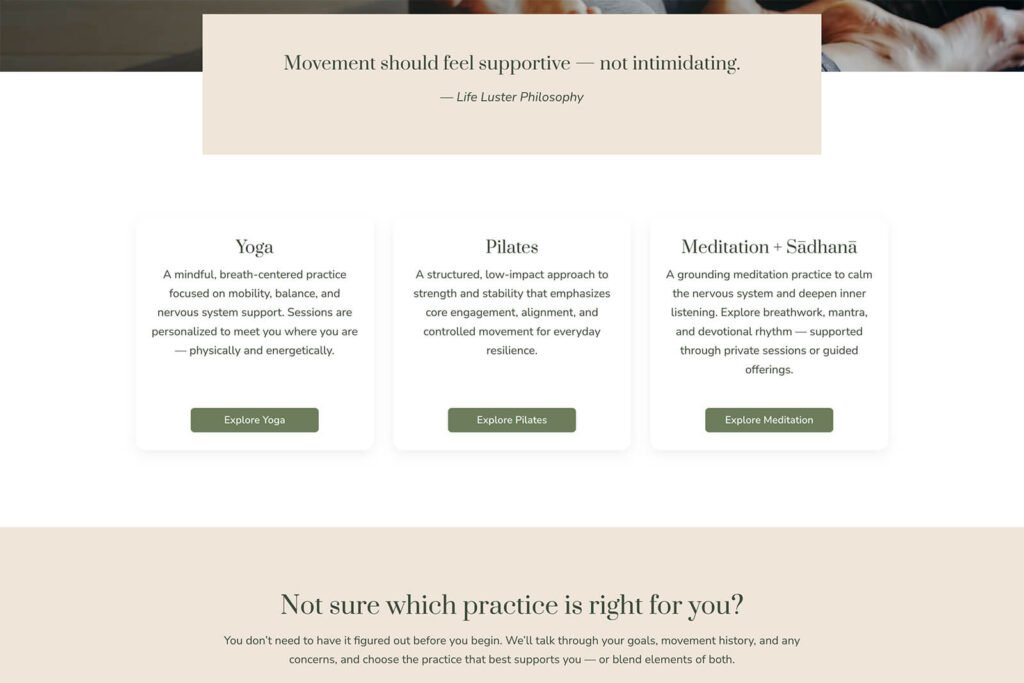 Service page web design showcasing structured content, calming visuals, and clear user flow
