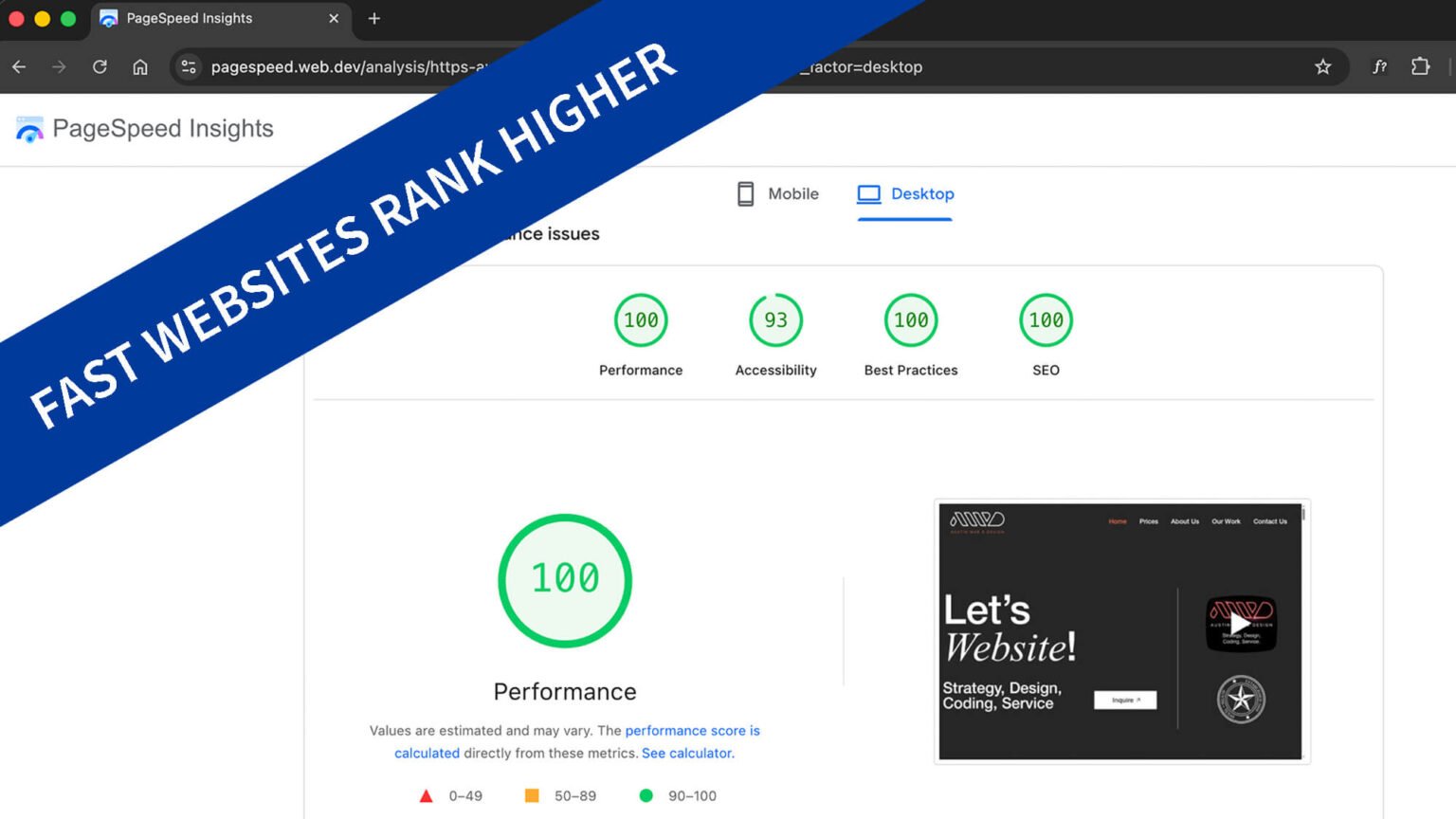PageSpeed Insights score of 100 showing fast website performance and why fast websites rank higher in Google